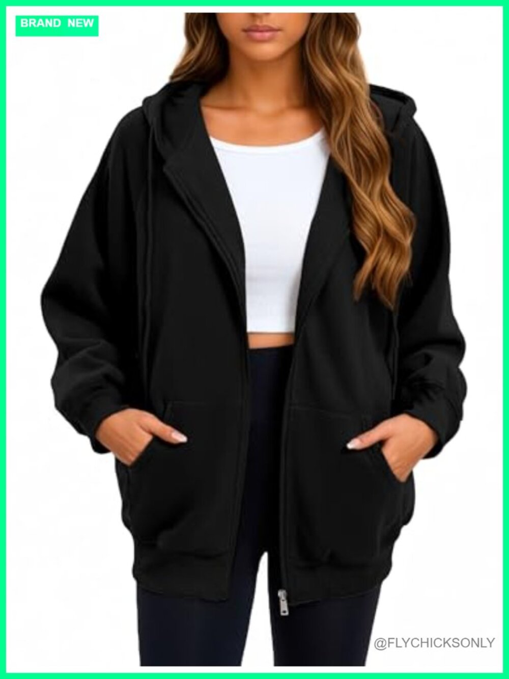 Oversized Zip Up Hoodie Womens Cotton Polyester Sweatshirt with Pockets